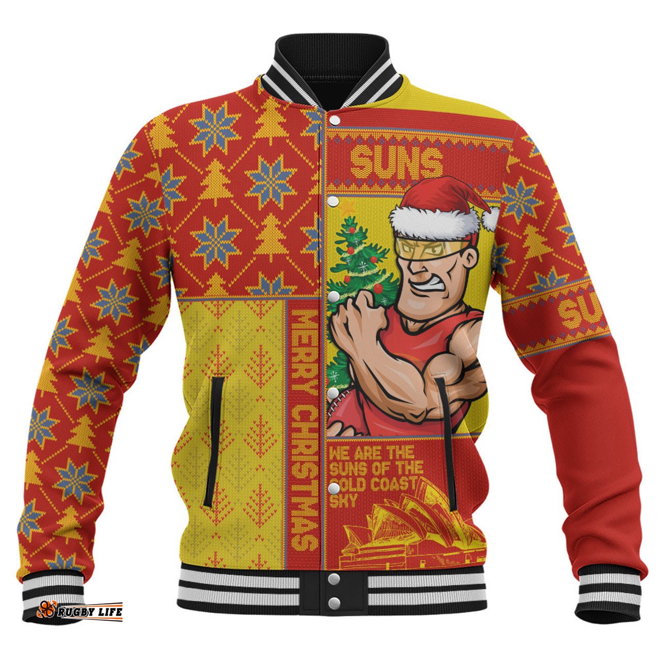 Amazing Aussie Gold Coast SUNS Merry Christmas Knit Style Festive Spirit Baseball Jacket