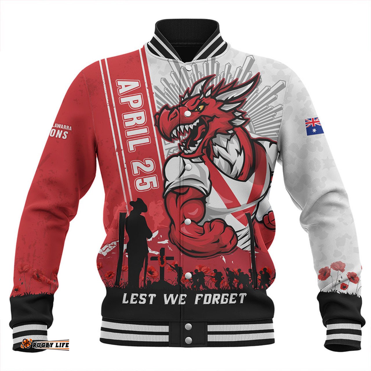 Amazing Aussie St. George Illawarra Dragons Anzac Day Lest We Forget Strong Fighting Spirit Baseball Jacket