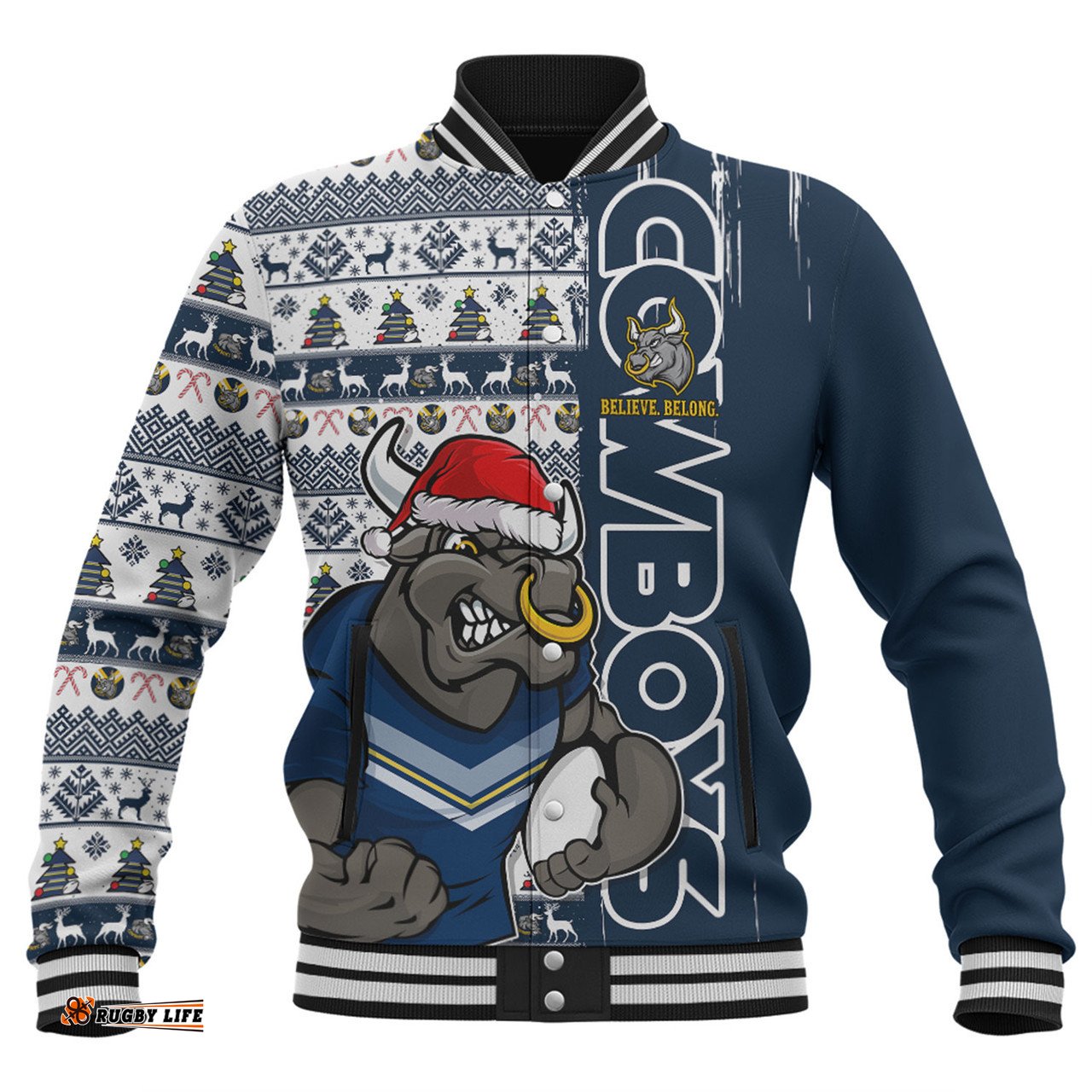 Amazing Aussie North Queensland Cowboys Merry Ugly Xmas Nordic Pattern Style Baseball Jacket