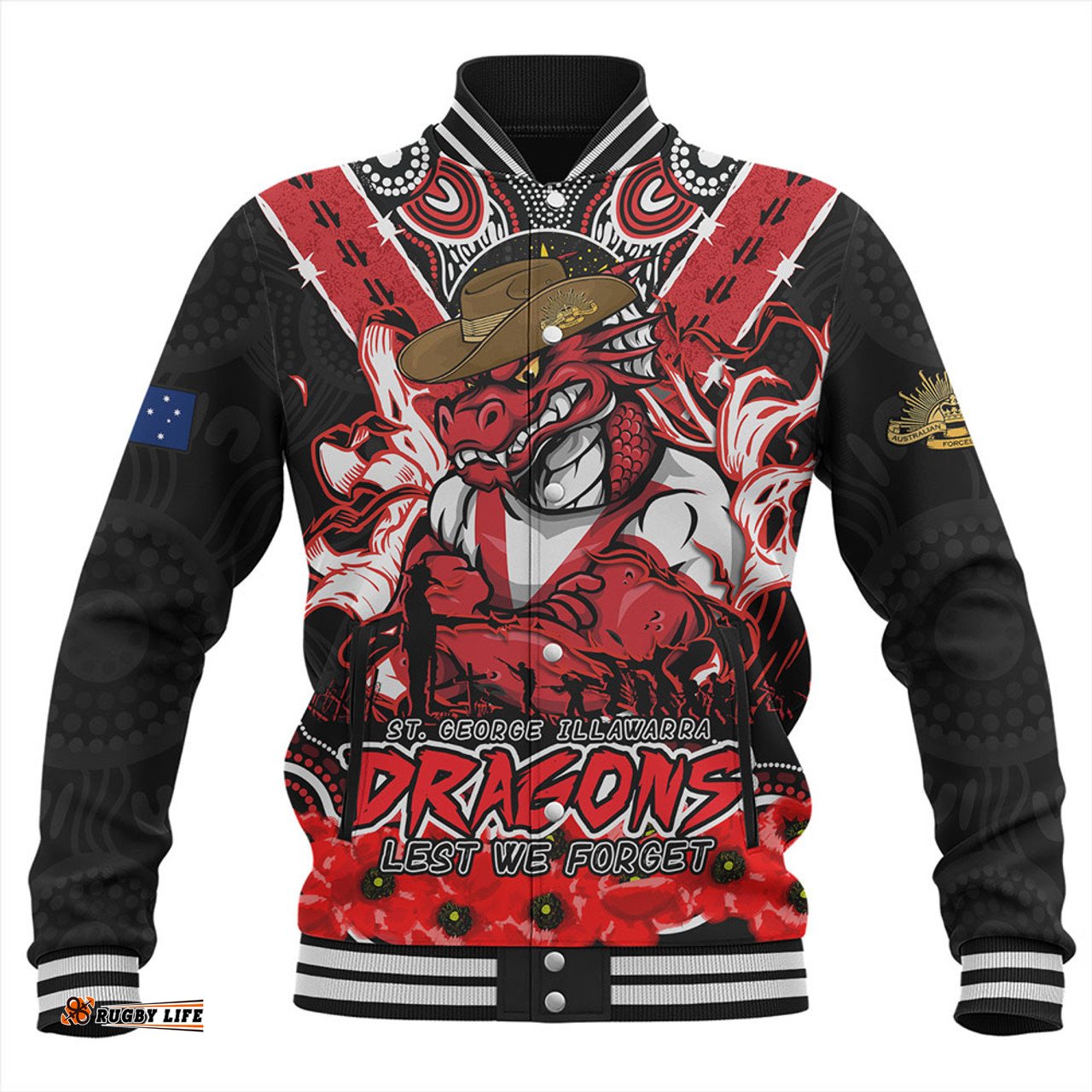 Amazing Aussie St. George Illawarra Dragons Ripped Legacy Of The Game The ANZAC Spirit Lives On Baseball Jacket