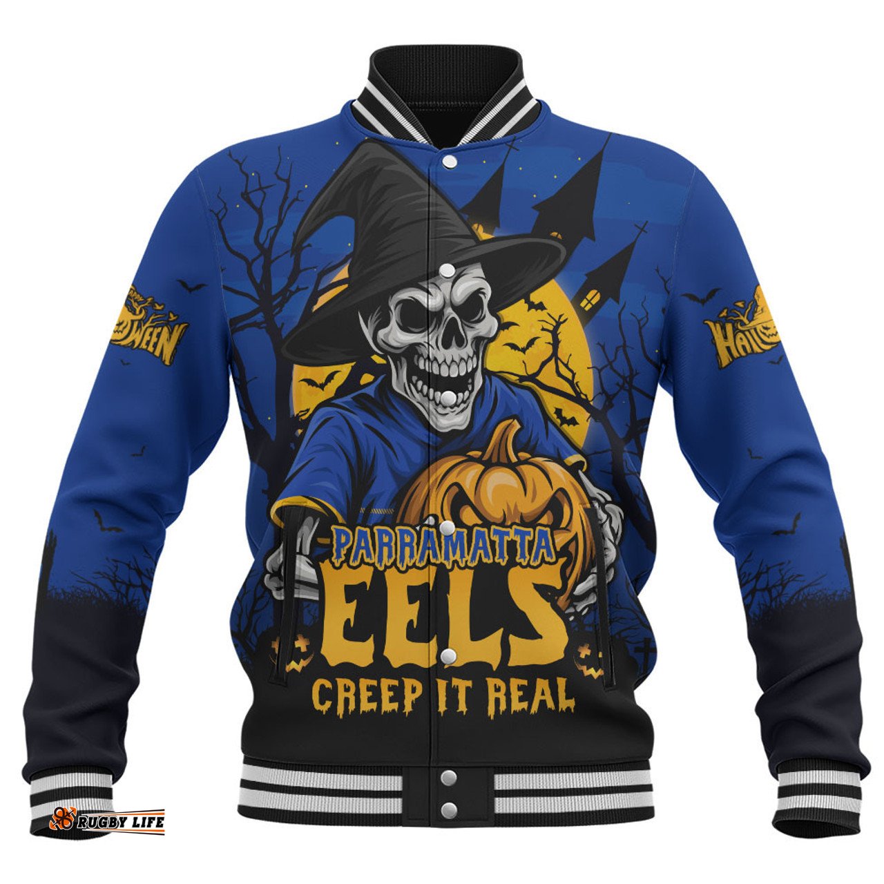 Amazing Aussie Parramatta Eels Dark Moon Rugby Halloween Battle Edition Baseball Jacket
