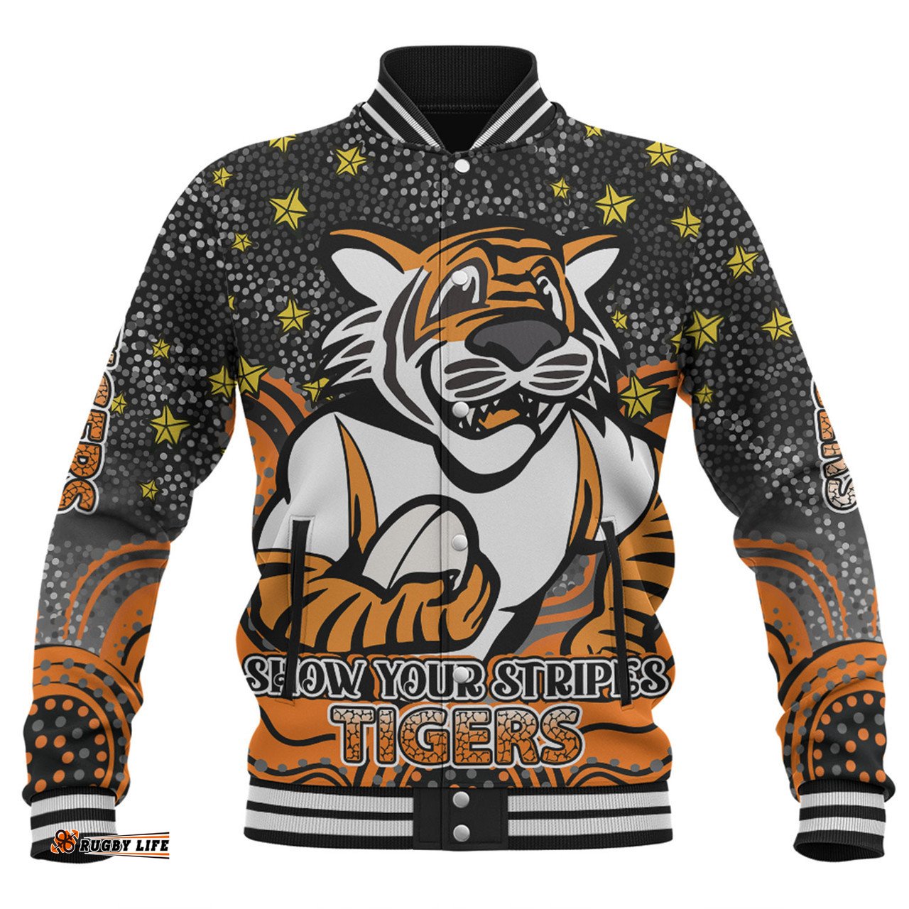 Amazing Aussie Wests Tigers Custom Custom With Aboriginal Inspired Style Of Dot Painting Patterns Baseball Jacket