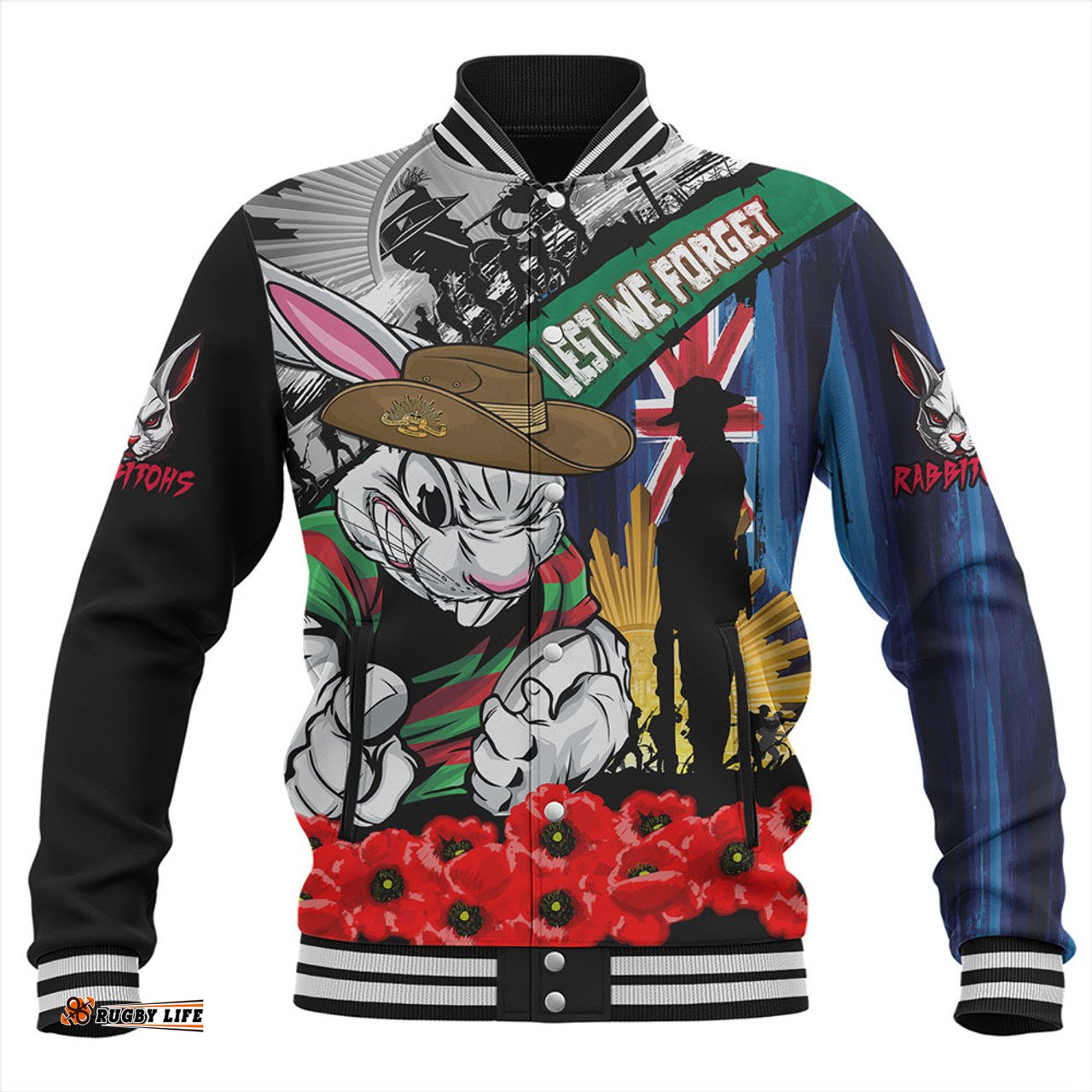 Amazing Aussie South Sydney Rabbitohs United In Spirit Anzac Day Tribute Baseball Jacket