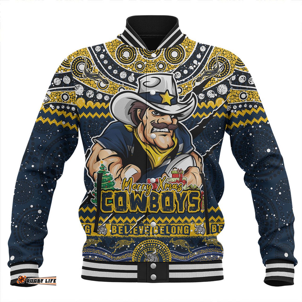 Amazing Aussie North Queensland Cowboys Aboriginal Xmas Special Ugly Christmas Style Baseball Jacket