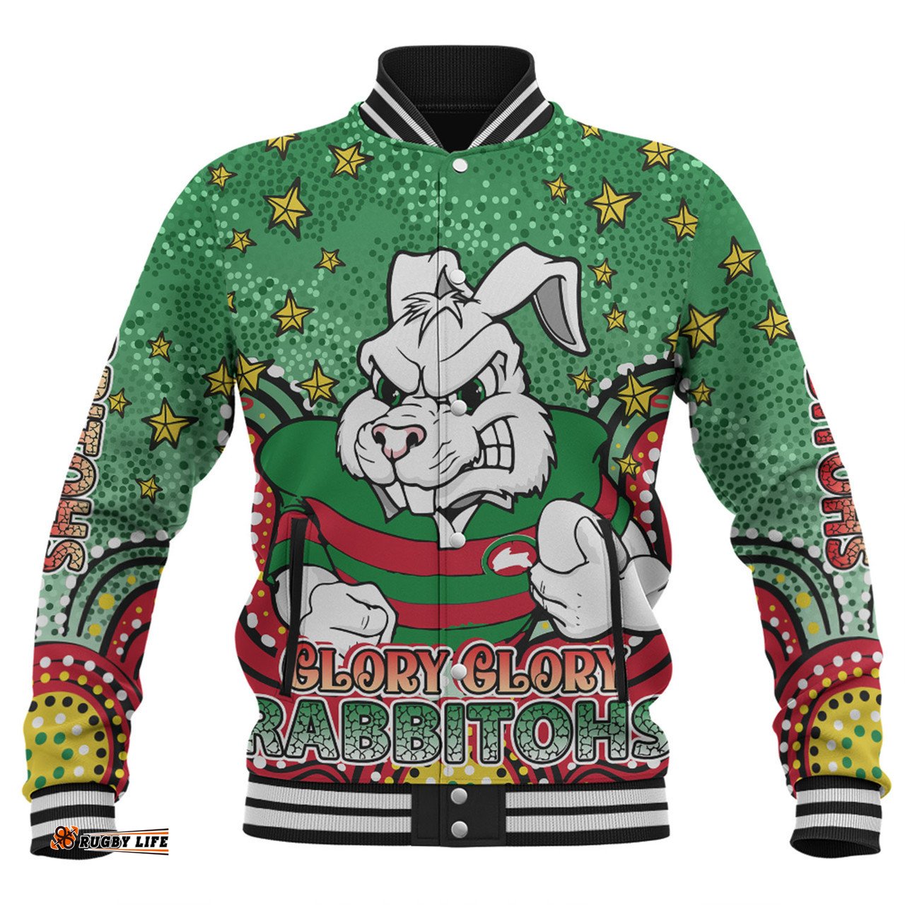 Amazing Aussie South Sydney Rabbitohs Custom With Aboriginal Inspired Style Of Dot Painting Patterns Baseball Jacket