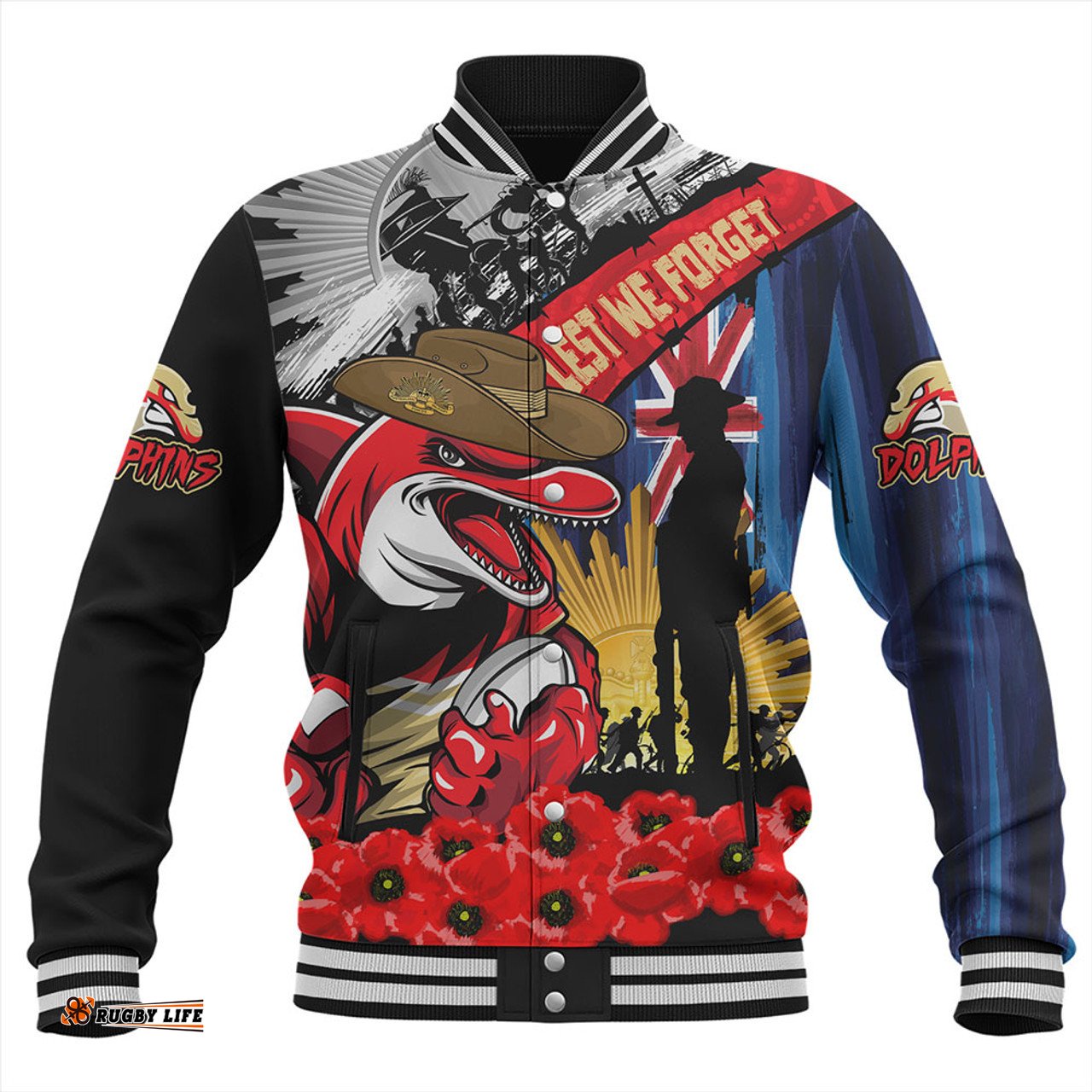 Amazing Aussie Redcliffe Dolphins United In Spirit Anzac Day Tribute Baseball Jacket