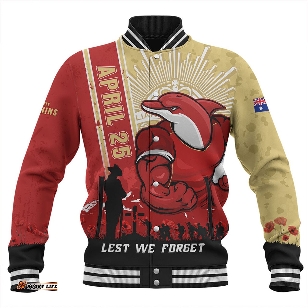 Amazing Aussie Redcliffe Dolphins Anzac Day Lest We Forget Strong Fighting Spirit Baseball Jacket