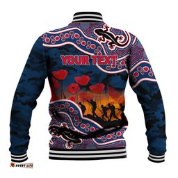 Custom Personalised Anzac Day NRL - Rooster Baseball Jacket Aboriginal Lizard Patterns