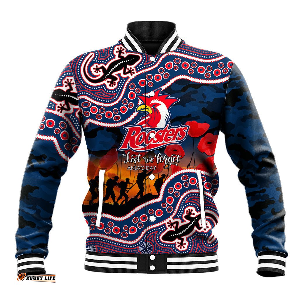 Custom Personalised Anzac Day NRL - Rooster Baseball Jacket Aboriginal Lizard Patterns