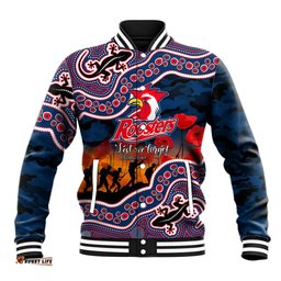 Custom Personalised Anzac Day NRL - Rooster Baseball Jacket Aboriginal Lizard Patterns