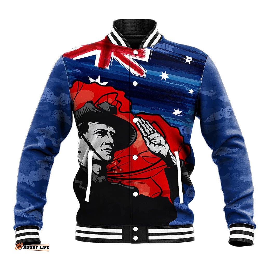 ANZAC DAY Baseball Jacket Camo Style - Soldier With Flag