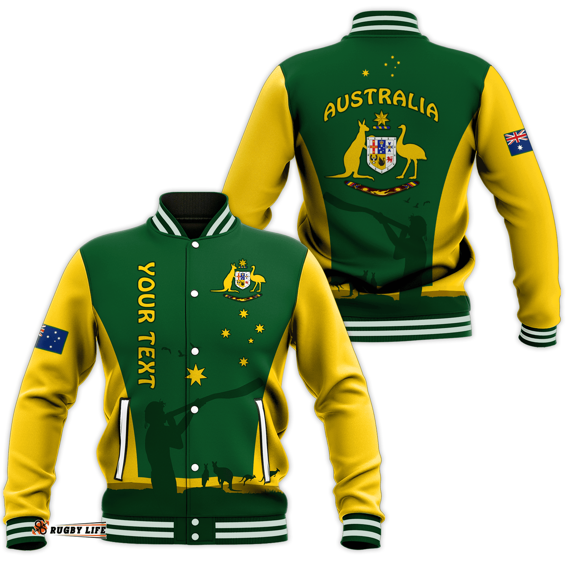 Custom Personalised Australia National Colours Baseball Jacket Green and Gold