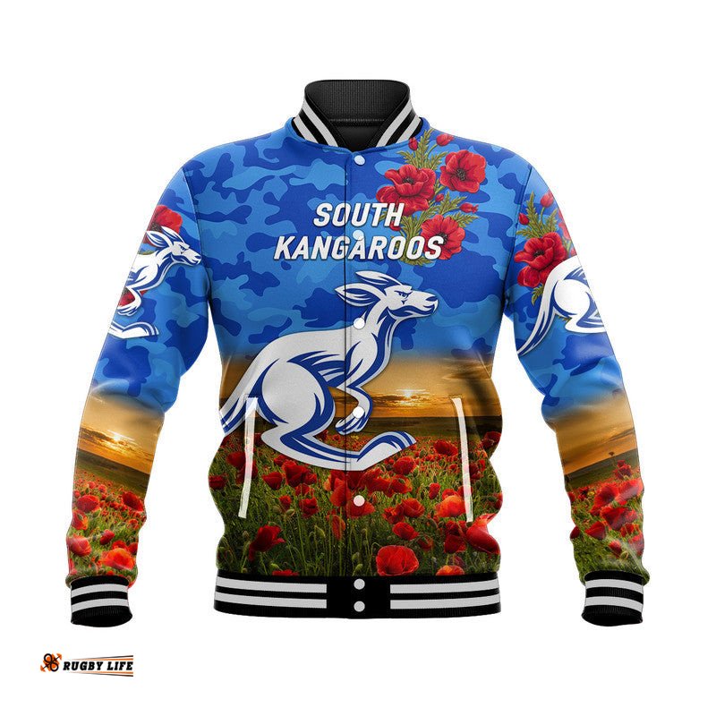 Custom Personalised South Alice Football Club Kangaroos ANZAC Baseball Jacket Poppy Vibes