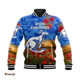 Custom Personalised South Alice Football Club Kangaroos ANZAC Baseball Jacket Poppy Vibes