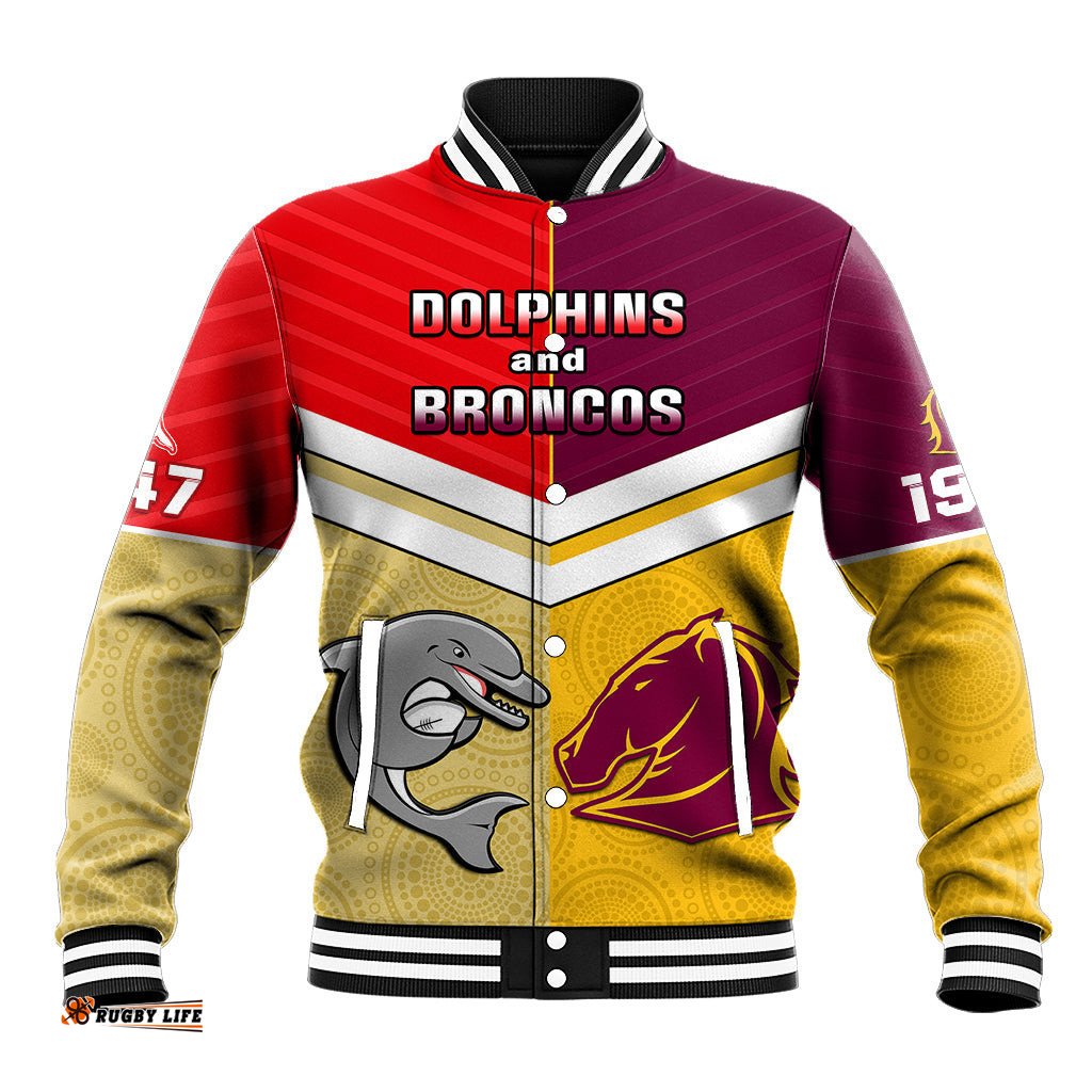 Personalised Dolphins Mix Broncos Rugby Baseball Jacket Indigenous Art