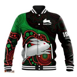 Custom Text And Number Rabbitohs Rugby Baseball Jacket Go Souths Indigenous Art