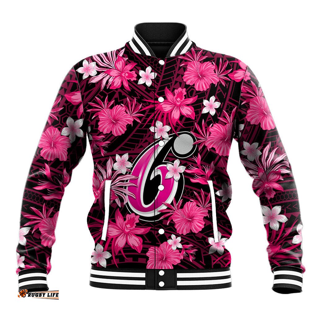 Australian Sixers Cricket Baseball Jacket Baeuty Pacific Hibiscus and Polynesian Pattern