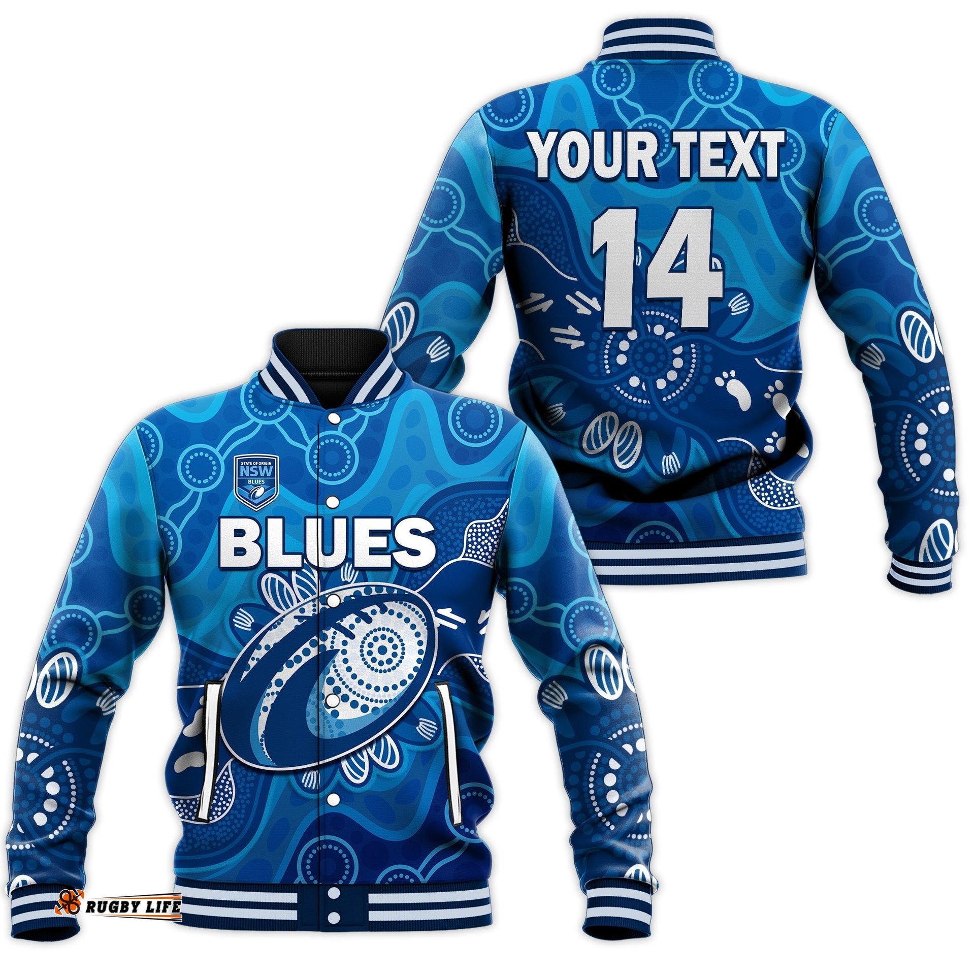 Custom Text And Number NSW Blues Baseball Jacket New South Wales Aboriginal Art