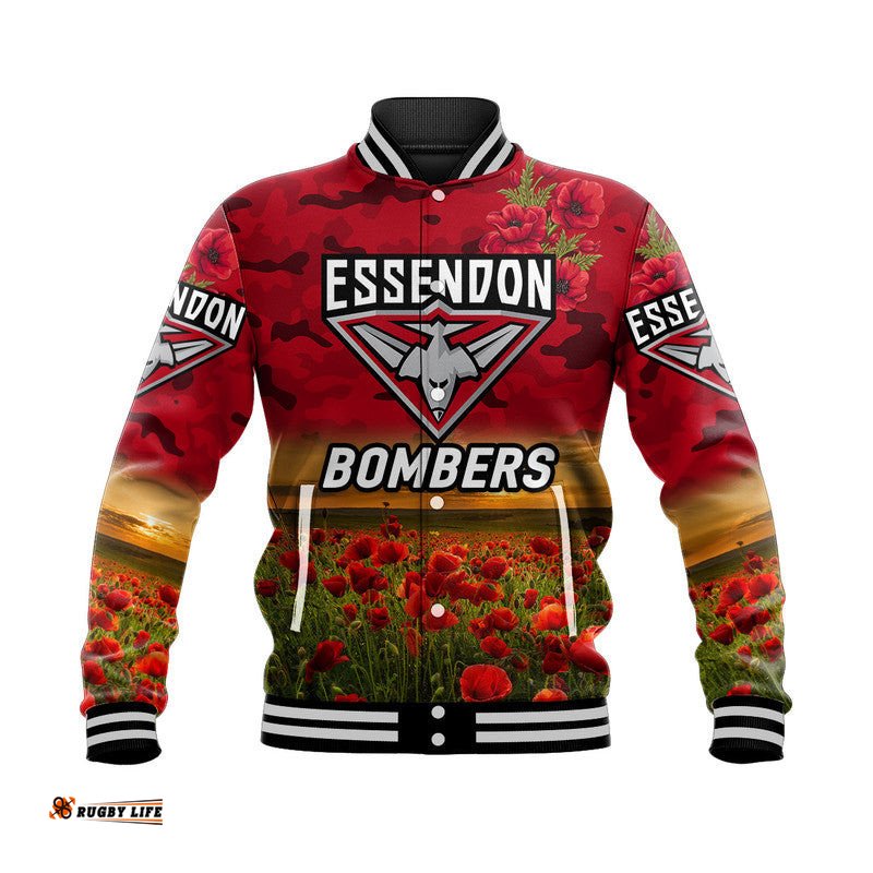 Custom Personalised Essendon Bombers ANZAC Baseball Jacket Poppy Vibes - Red