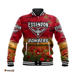 Custom Personalised Essendon Bombers ANZAC Baseball Jacket Poppy Vibes - Red