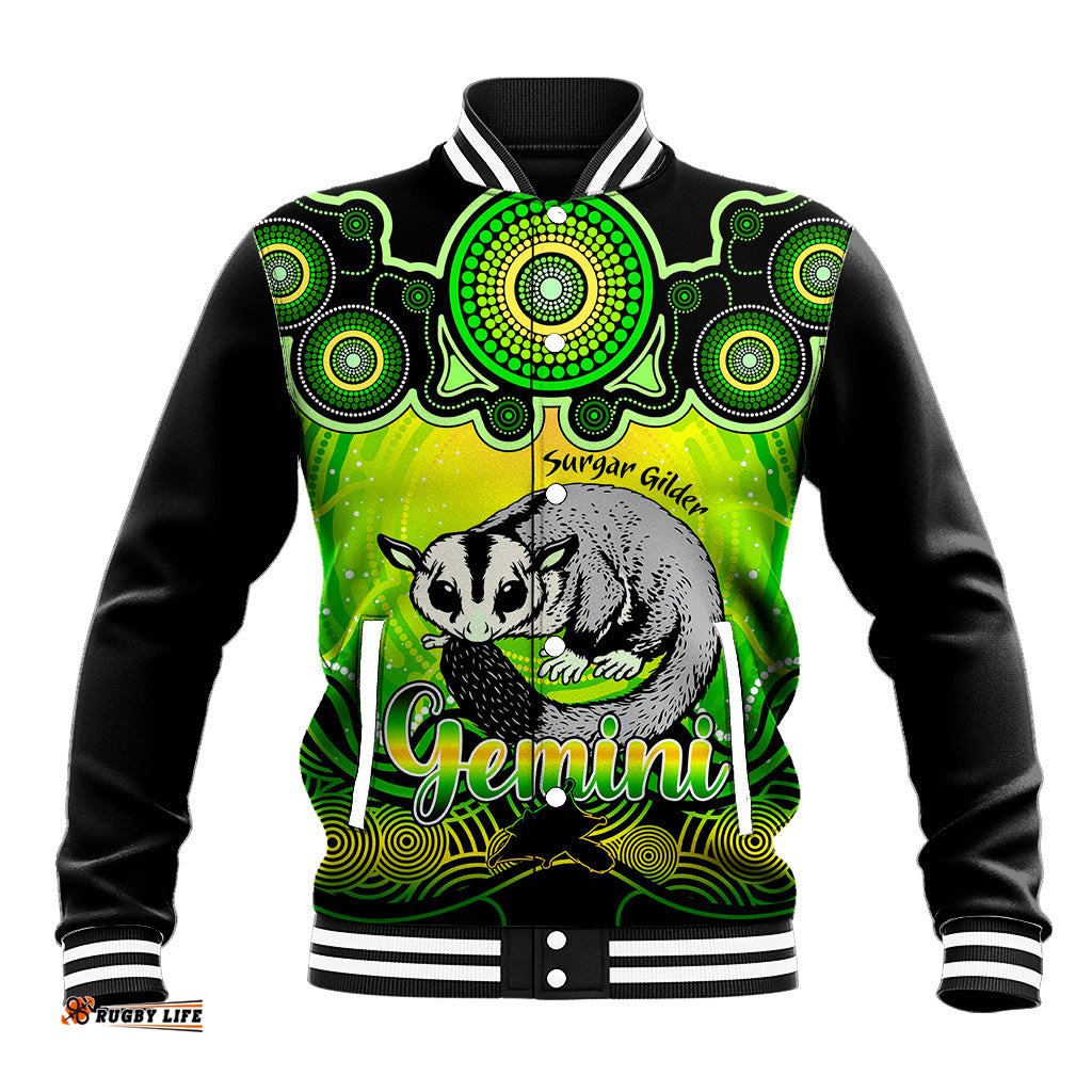 Personalised Australia Gemini Sugar Gilder Zodiac Baseball Jacket Auz Astrology Aboriginal - Green