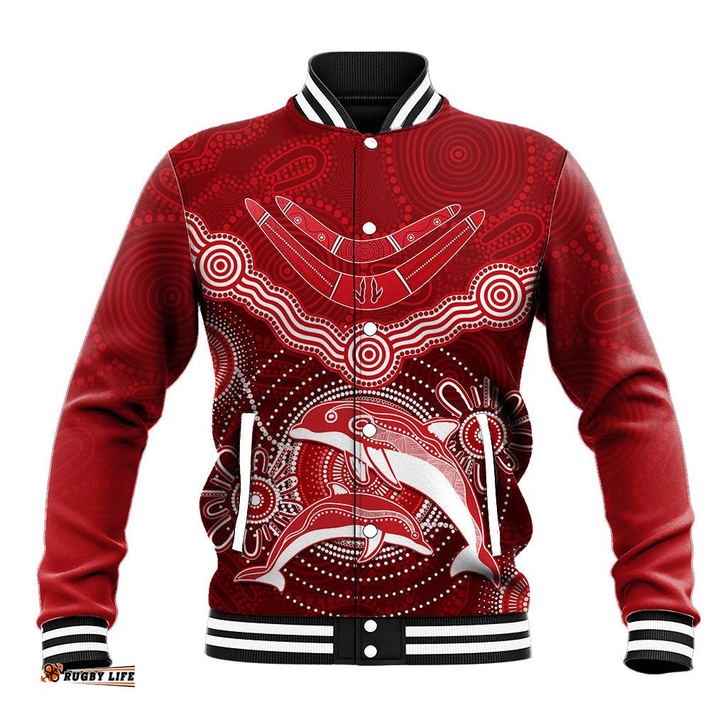 Personalised Dolphins Rugby Baseball Jacket Aboriginal Boomerang Artsy Style