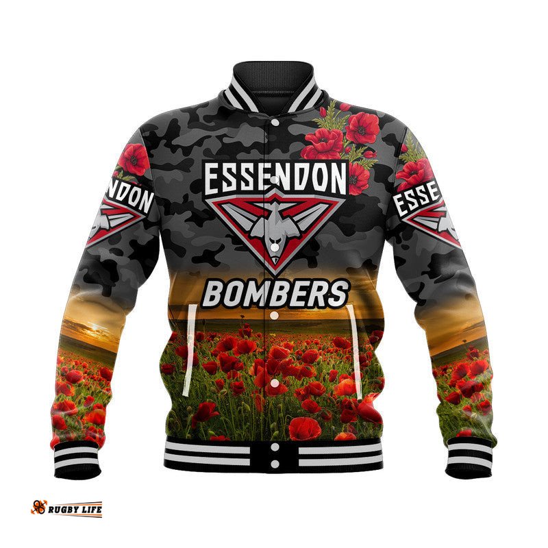 Essendon Bombers ANZAC Baseball Jacket Poppy Vibes - Black