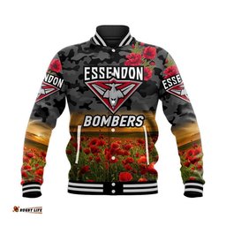 Essendon Bombers ANZAC Baseball Jacket Poppy Vibes - Black
