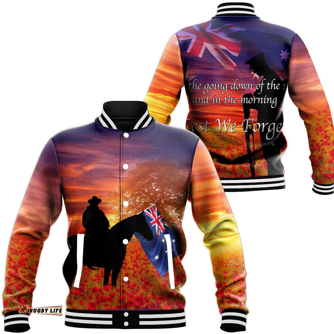 Vibe Hoodie Clothing - Australia Lest We Forget Light Horse Silhouette Baseball Jacket