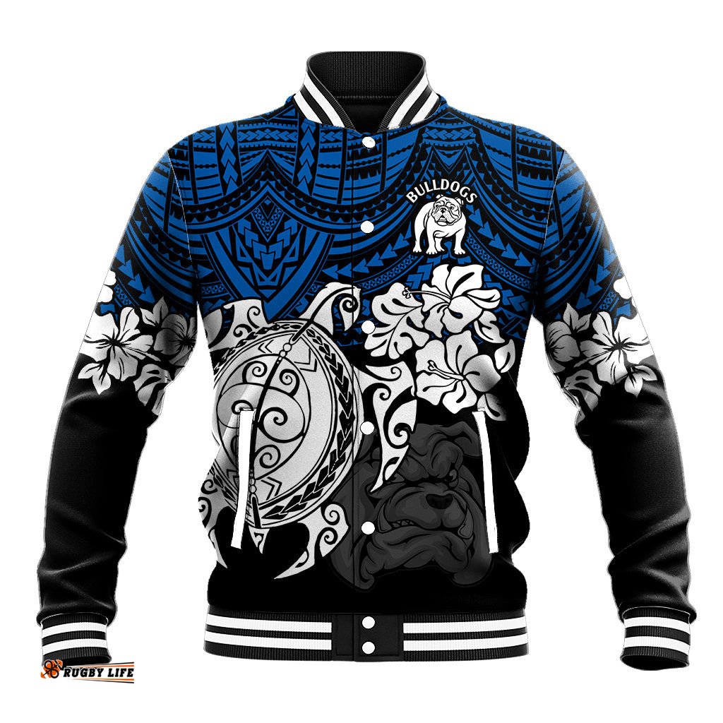 Custom Bulldogs Rugby Baseball Jacket Berries Hibiscus and Turtle With Polynesian Pattern