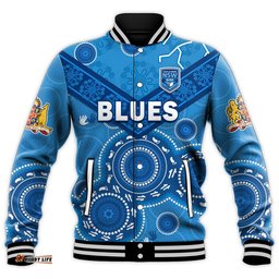 Custom Text And Number NSW Blues Rugby Baseball Jacket New South Wales Aboriginal Dot Painting Unique Version