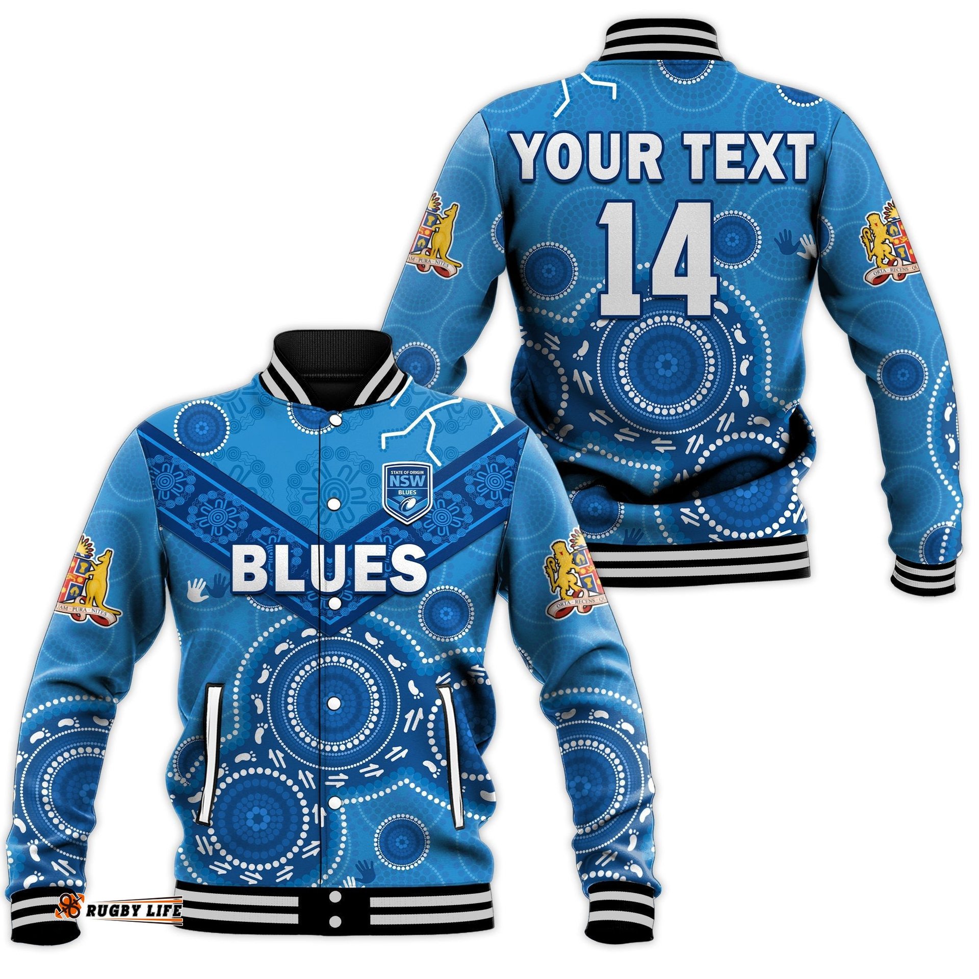 Custom Text And Number NSW Blues Rugby Baseball Jacket New South Wales Aboriginal Dot Painting Unique Version