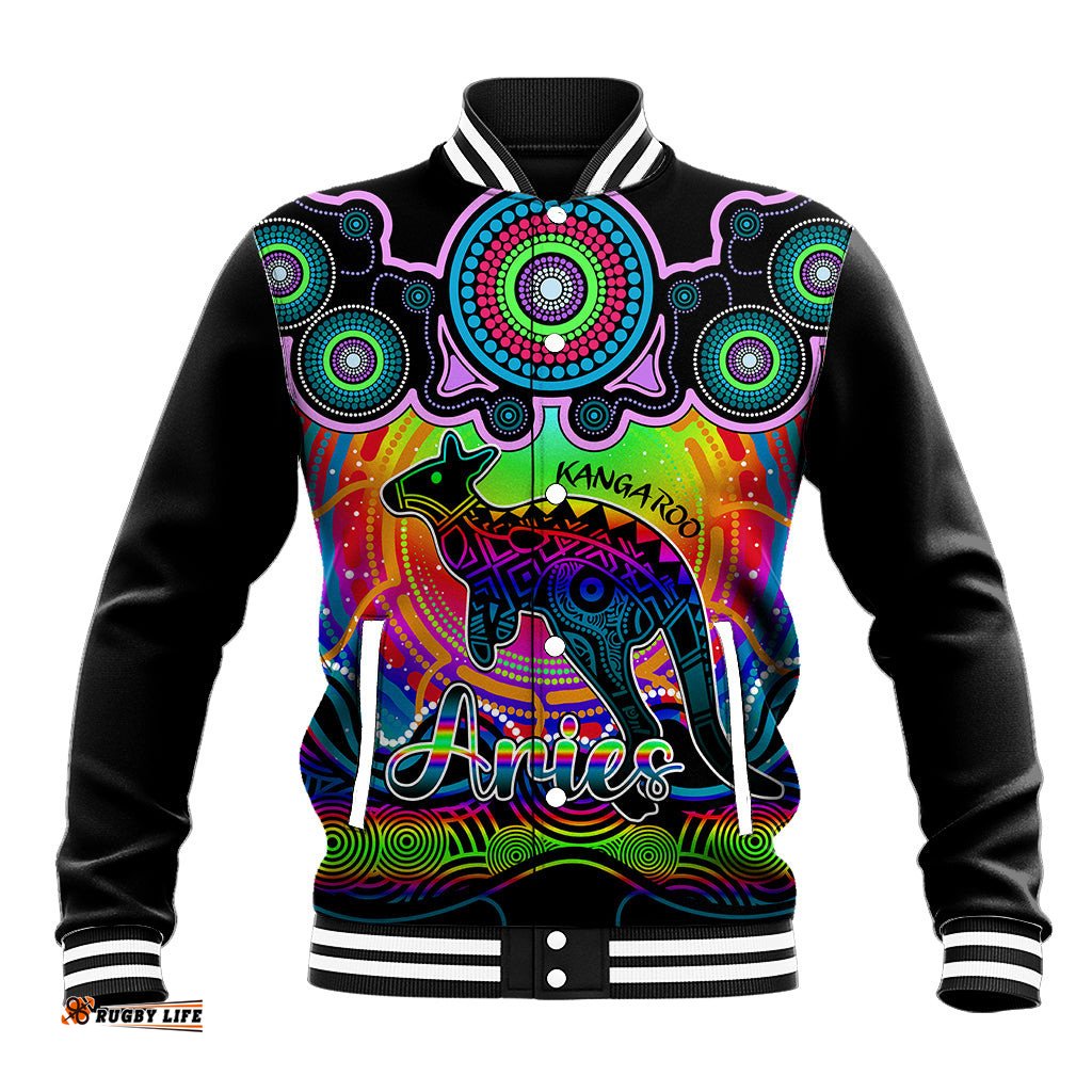 Personalised Australia Aries Kangaroo Zodiac Baseball Jacket Auz Astrology Aboriginal - Rainbow