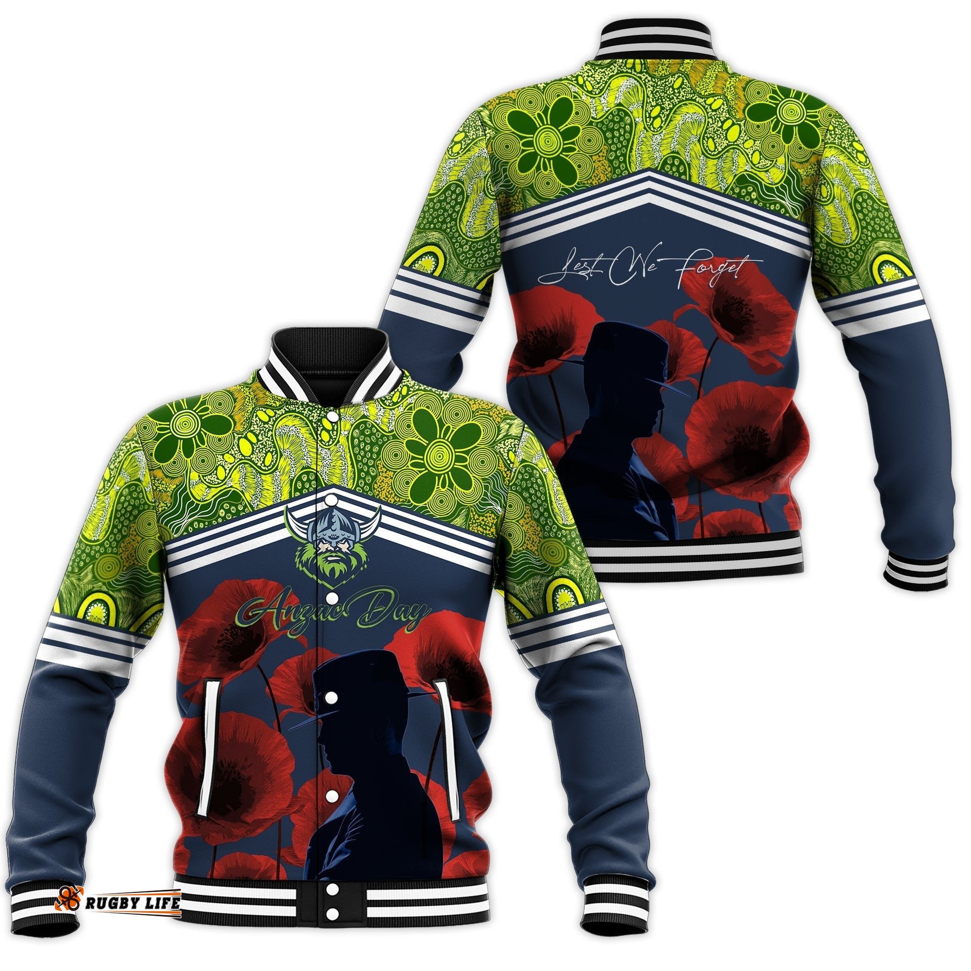 Raiders Rugby Baseball Jacket Anzac Day Lest We Forget