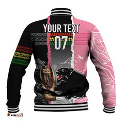 Personalised Panther Rugby NRL Premiers Baseball Jacket Panther Pride Black & Pink Aboriginal Mix Art