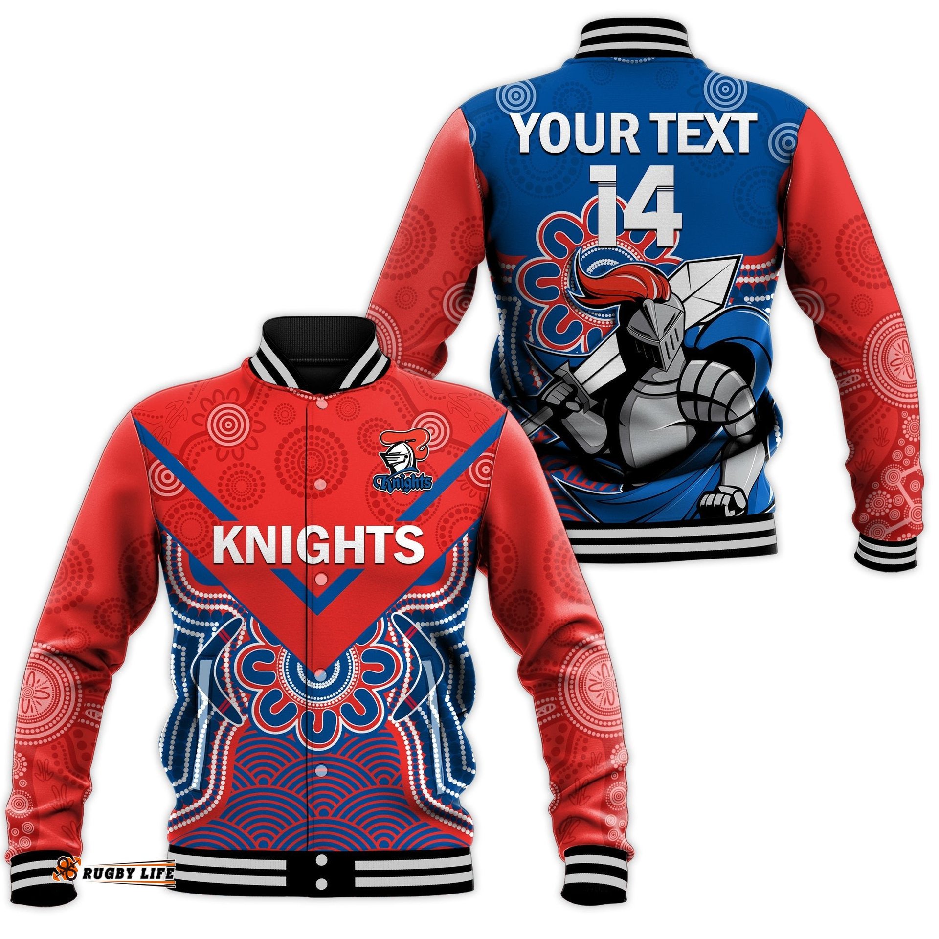 Custom Text And Number Knights Rugby Baseball Jacket Novocastrians 1987 Aboriginal Art