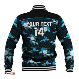 Custom Text And Number Sharks Rugby Baseball Jacket Polynesian Tribal Mix Tropical Hawaiian Style