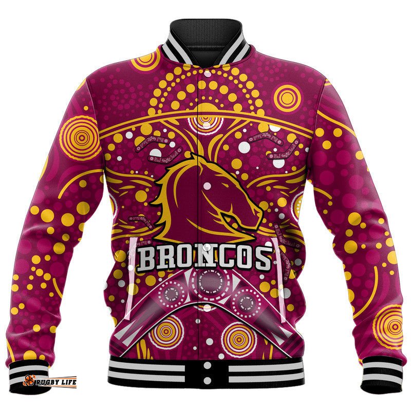 Custom Personalised Broncos Rugby Baseball Jacket Boomerang Indigenous Dots