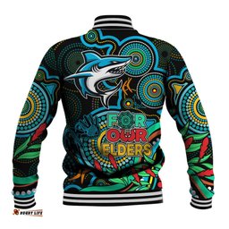 Sharks Rugby Aboriginal Art Baseball Jacket NAIDOC Indigenous Tribal