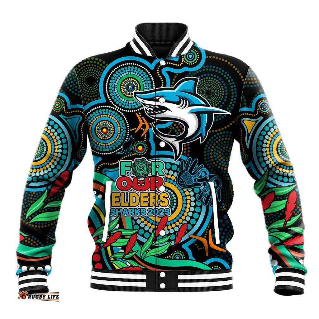 Sharks Rugby Aboriginal Art Baseball Jacket NAIDOC Indigenous Tribal