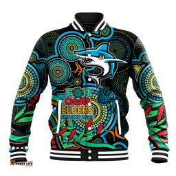 Sharks Rugby Aboriginal Art Baseball Jacket NAIDOC Indigenous Tribal