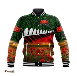 Custom Personalised New Zealand Maori ANZAC Baseball Jacket Poppy Vibes - Green