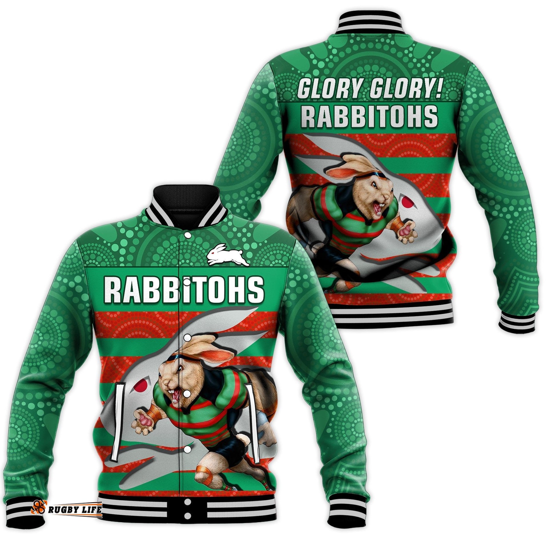 Rabbitohs Rugby Baseball Jacket Aboriginal Dot Painting Glory Glory Sporty Style