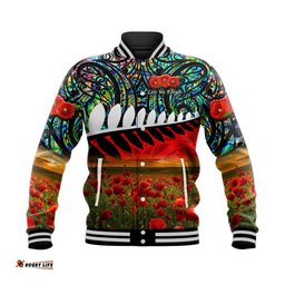 Custom Personalised New Zealand Maori ANZAC Baseball Jacket Poppy Vibes - Paua Shell