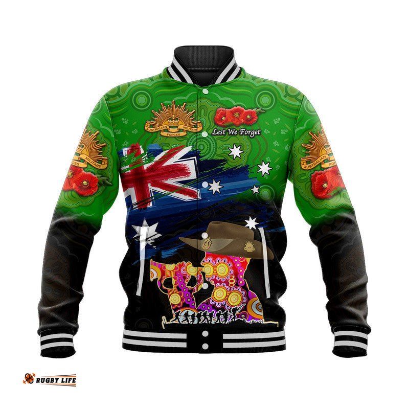 Australia Aboriginal ANZAC Baseball Jacket Remembrance Vibes - Green