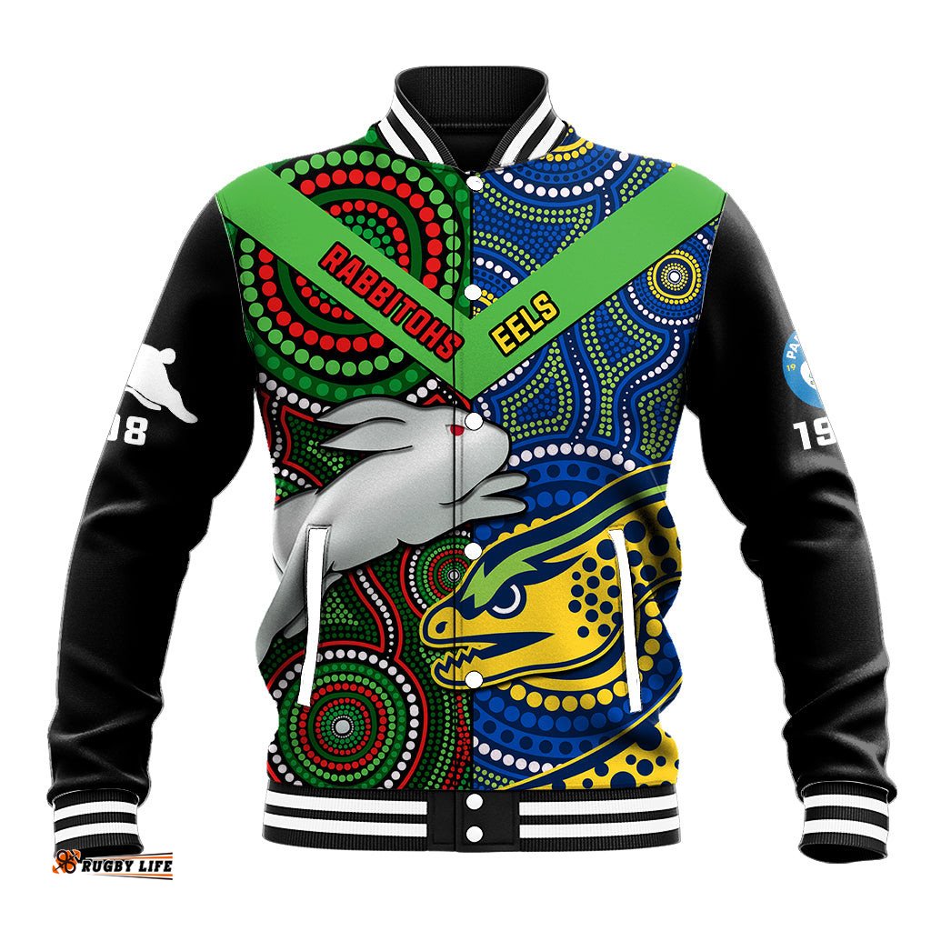 Custom Text And Number Rabbitohs Mix Eels Rugby Baseball Jacket Souths And Parra Indigenous