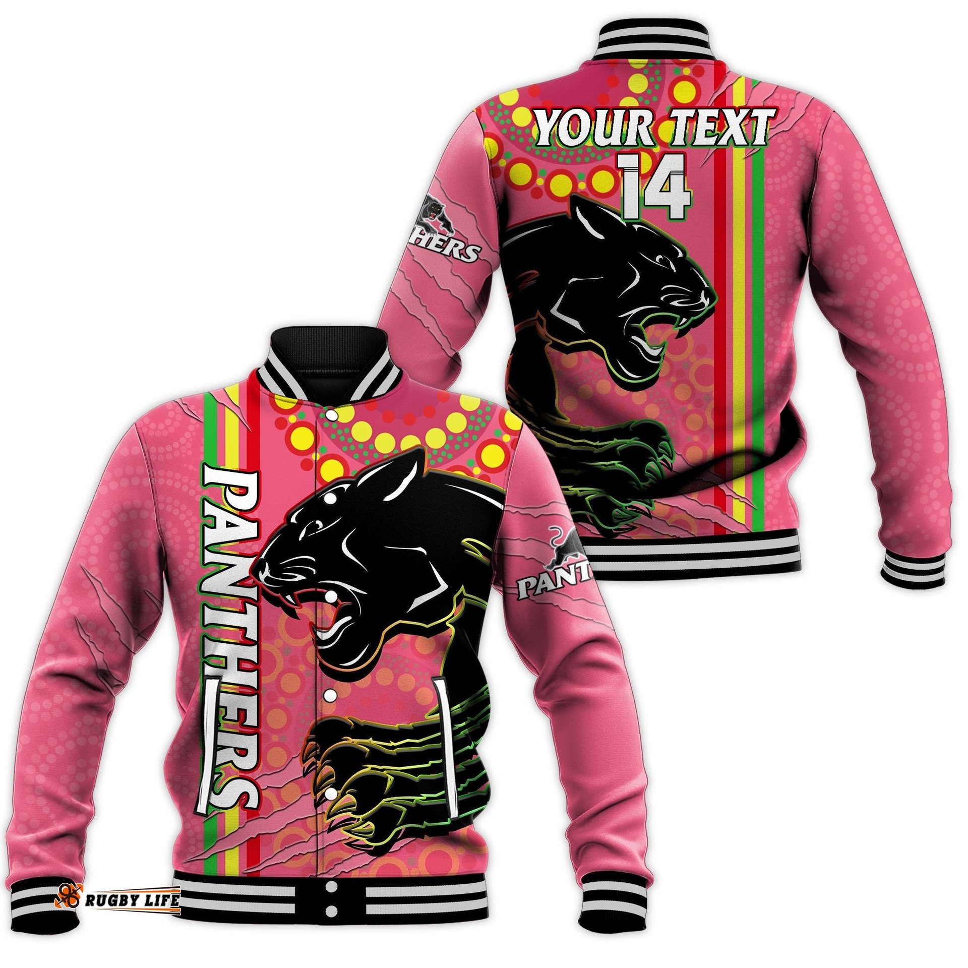 Custom Text And Number Panthers Rugby Baseball Jacket The Mountain Men Aboriginal Art Dynamic Pink Version