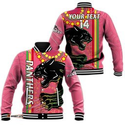 Custom Text And Number Panthers Rugby Baseball Jacket The Mountain Men Aboriginal Art Dynamic Pink Version