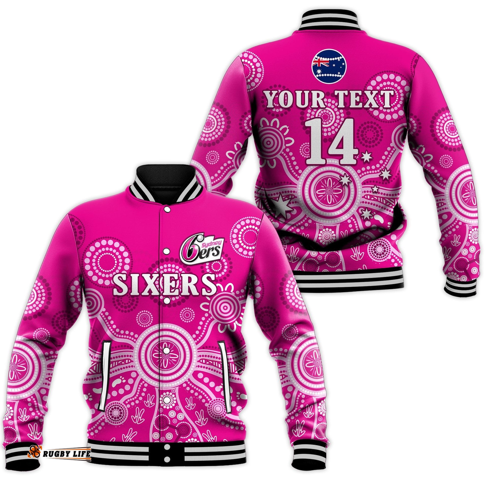 Custom Text And Number Sydney Sixers Baseball Jacket Cricket Indigenous Australian Art Ver.02