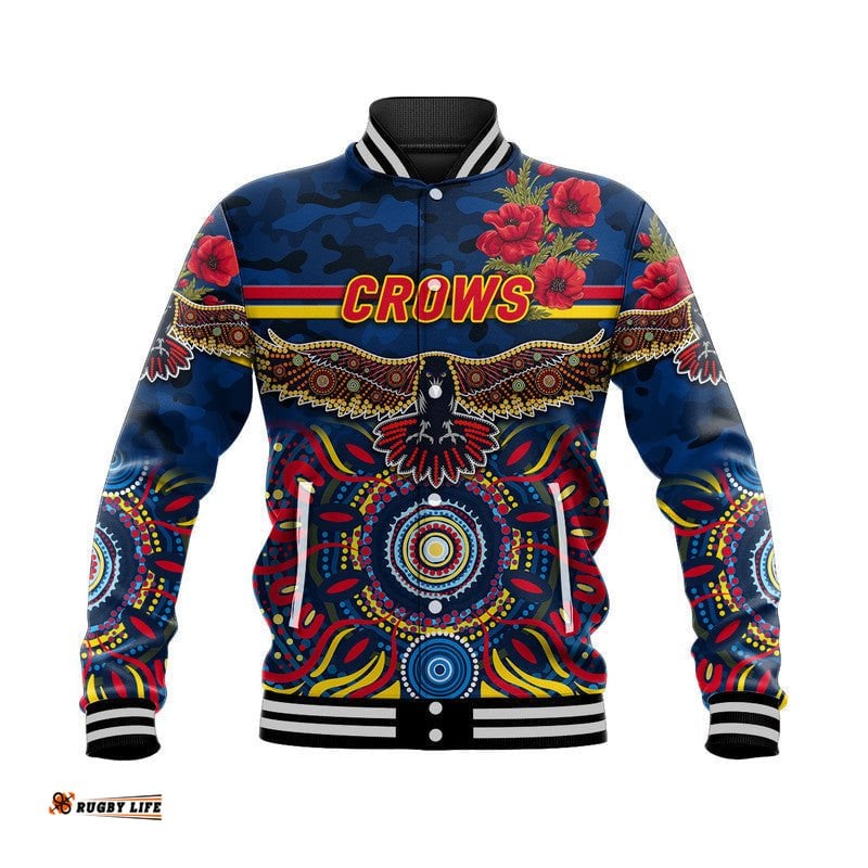 Custom Personalised Adelaide Crows ANZAC Baseball Jacket Indigenous Vibes - Navy Blue